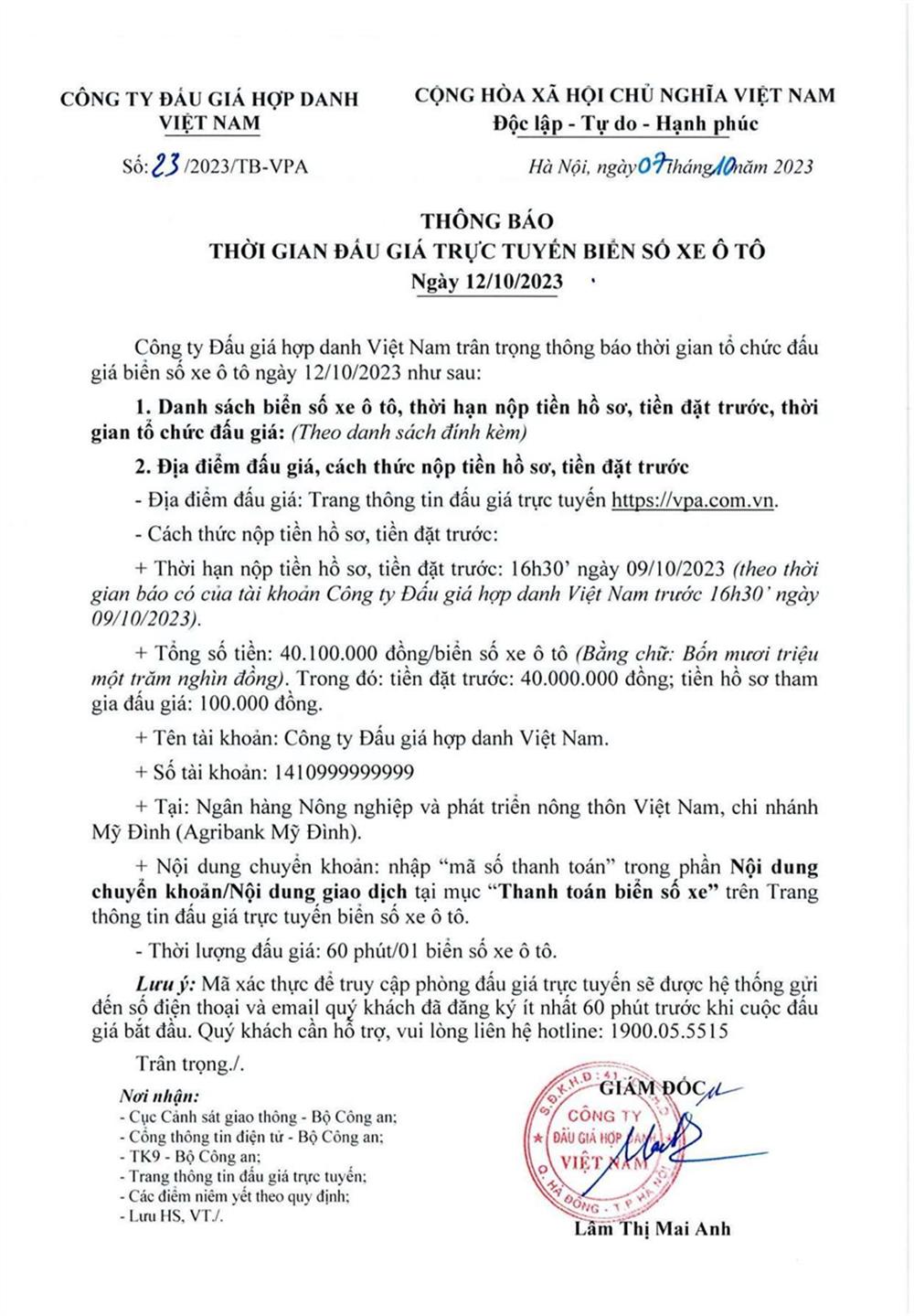 Thông báo phiên đấu giá trực tuyến biển số xe ô tô ngày 12/10/2023.