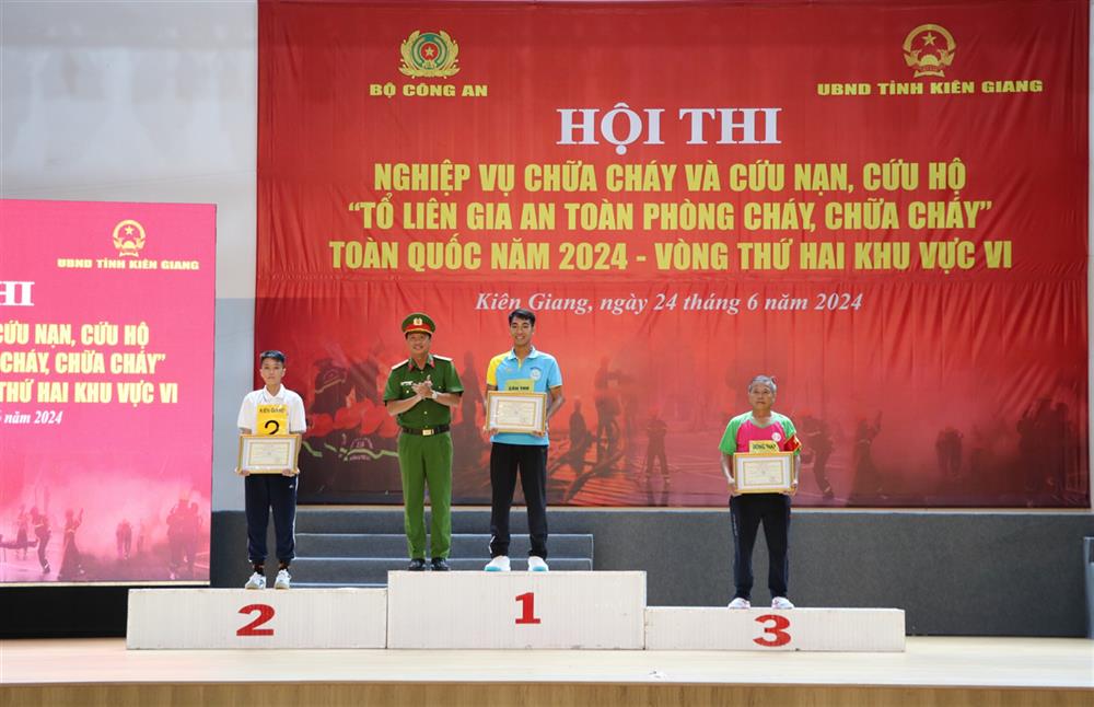 Đại tá Nguyễn Nhật Trường, Phó Giám đốc Công an tỉnh Kiên Giang trao giải các Đội thi đạt giải phần thi lý thuyết.
