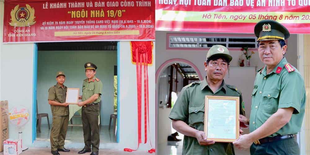 Đại tá Nguyễn Văn Hận, Giám đốc Công an tỉnh Kiên Giang bàn giao công trình “Ngôi nhà 19/8” tặng đồng chí Tiên China (bên trái) và đồng chí Hồng Văn Hoàng (bên phải).