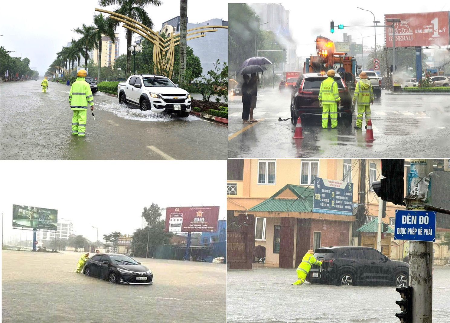 Đội Cảnh sát giao thông - trật tự Công an thành phố Vinh phân luồng, điều tiết phương tiện và hướng dẫn, cảnh báo người dân và các phương tiện không đi vào chỗ nước sâu, đảm bảo an toàn cho người tham gia giao thông… …và kịp thời hỗ trợ các phương tiện không may chết máy.