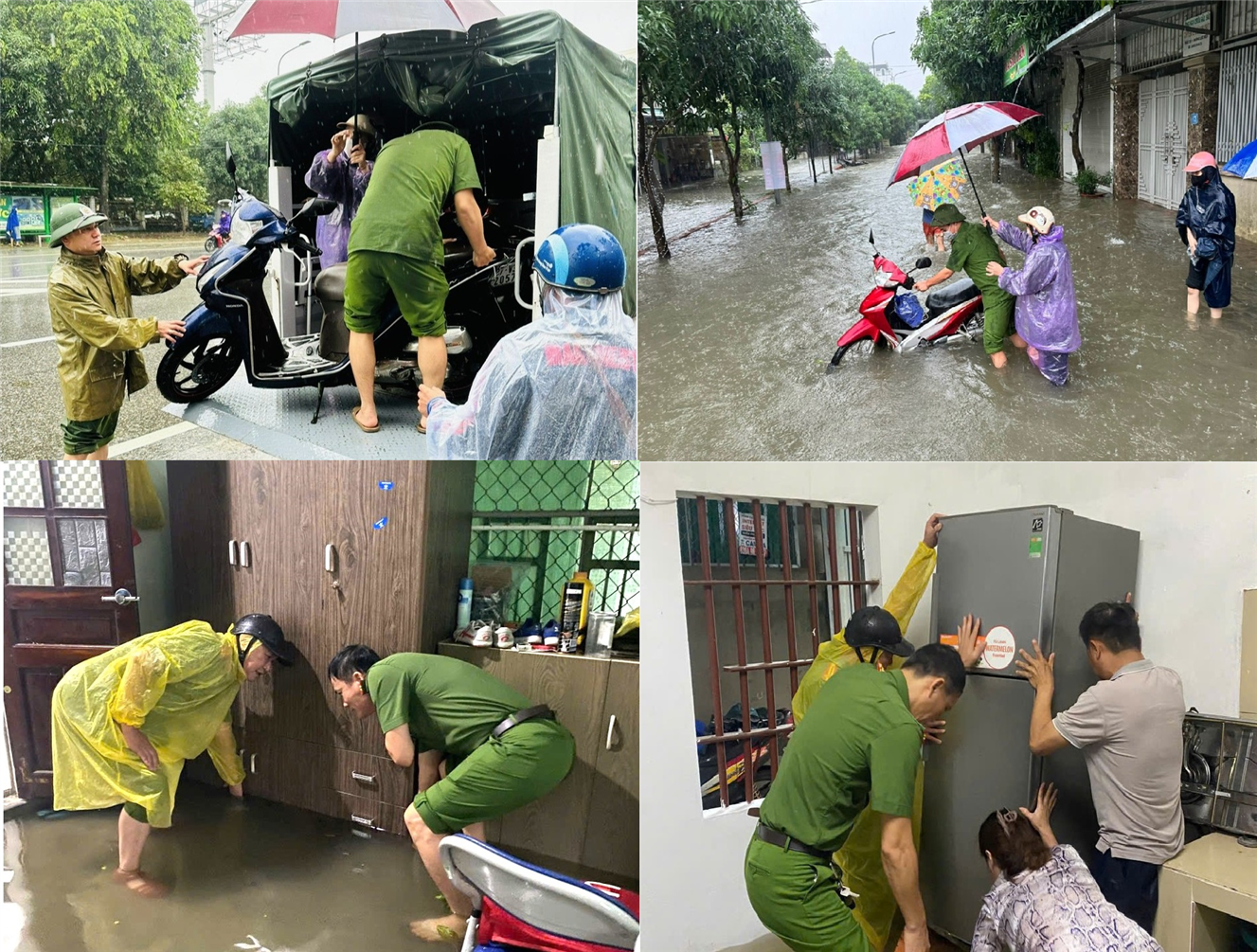 Công an các phường, xã và lực lượng tham gia bảo vệ an ninh, trật tự ở cơ sở thành phố Vinh hỗ trợ người dân di dời tài sản do nước ngập.