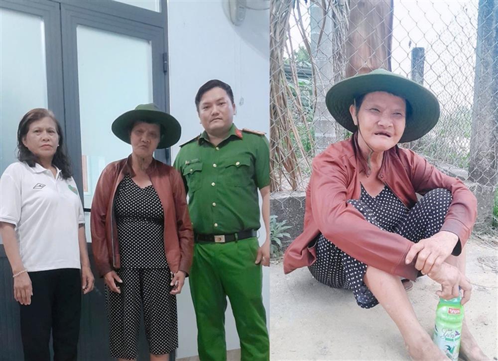 Chị N.T.C. khi được phát hiện (bên phải) và được gia đình đón về.