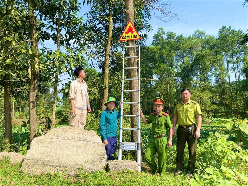 Lực lượng Công an xã Hương Minh, huyện Vũ Quang cắm biển cảnh báo cháy rừng.