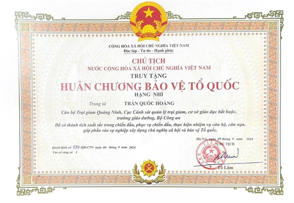 Chủ tịch nước Tô Lâm đã ký Quyết định truy tặng Huân chương Bảo vệ Tổ quốc hạng Nhì cho đồng chí Trần Quốc Hoàng.