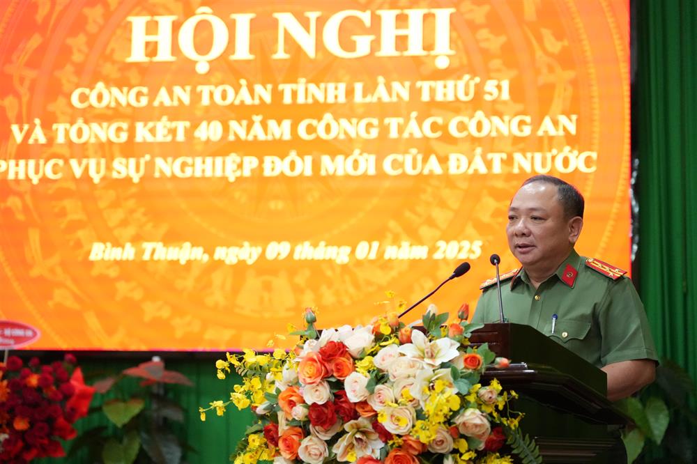 Đại tá Lê Quang Nhân, Giám đốc Công an tỉnh phát biểu kết luận Hội nghị.