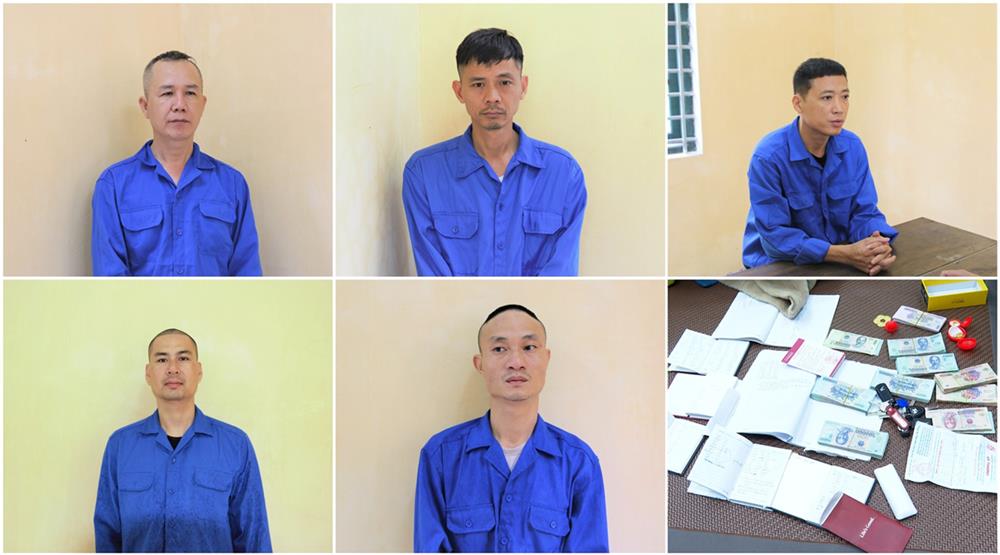 Các đối tượng cùng tang vật vụ án.