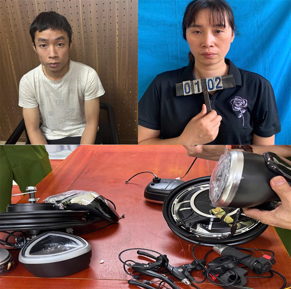 Tạ Thị Vân và Lê Minh Hưng cùng các tang vật thu giữ.