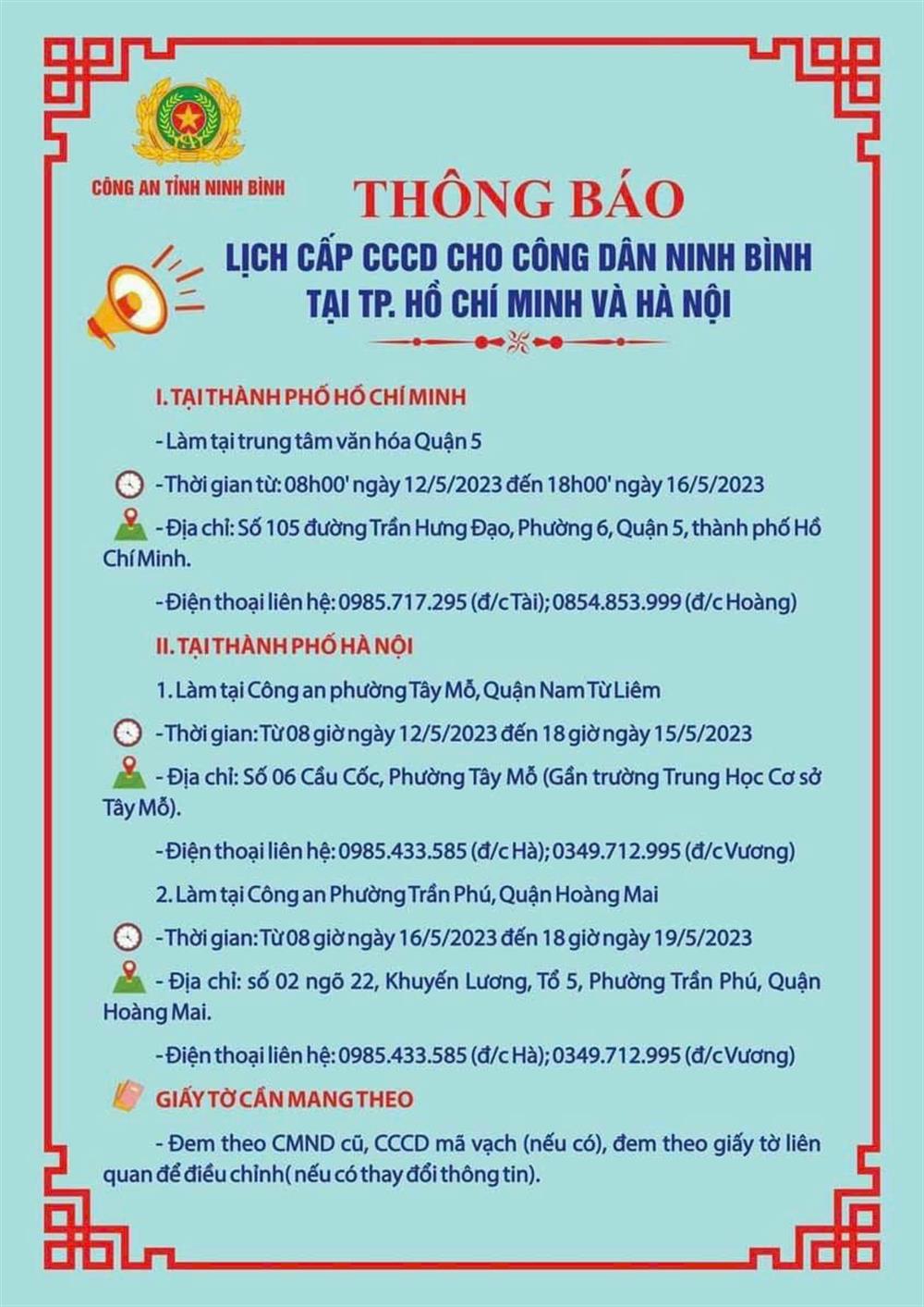 Lịch cấp CCCD tại thành phố Hà Nội và thành phố Hồ Chí Minh.