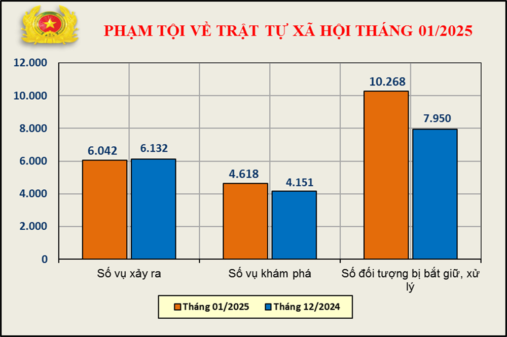 Biểu đồ phạm tội về trật tự xã hội tháng 01/2025.