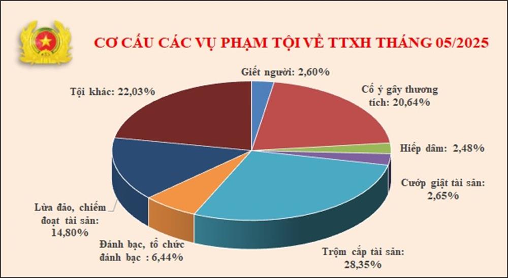 Biểu đồ cơ cấu tội phạm về trật tự xã hội tháng 5/2025.