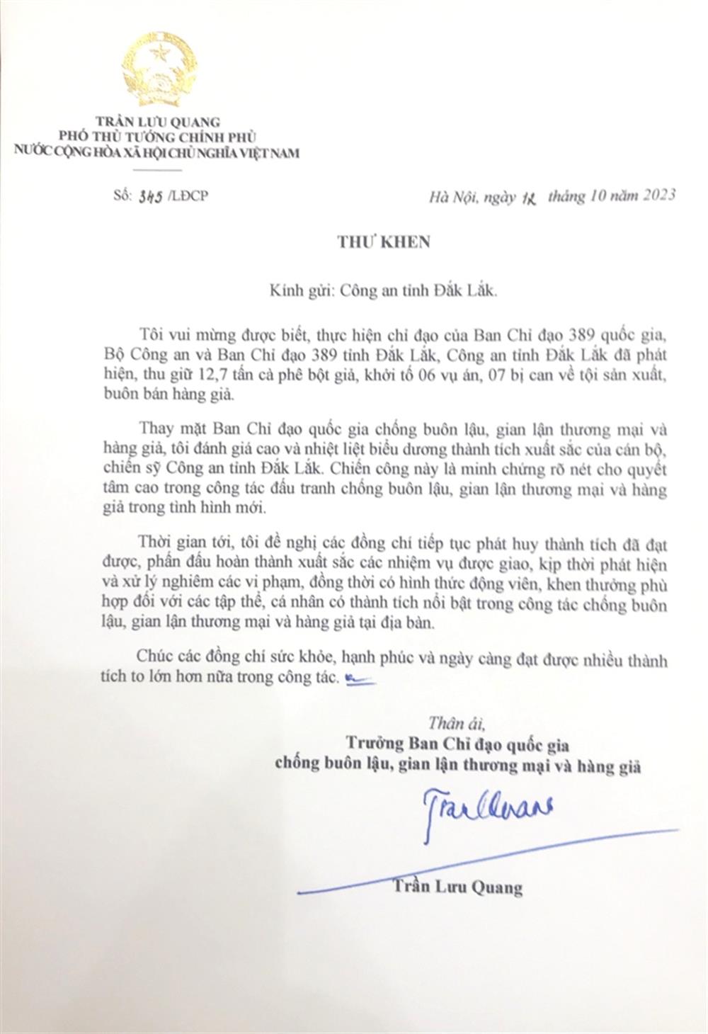 Thư khen của Phó Thủ tướng Chính phủ Trần Lưu Quang, Trưởng Ban Chỉ đạo 389 quốc gia.