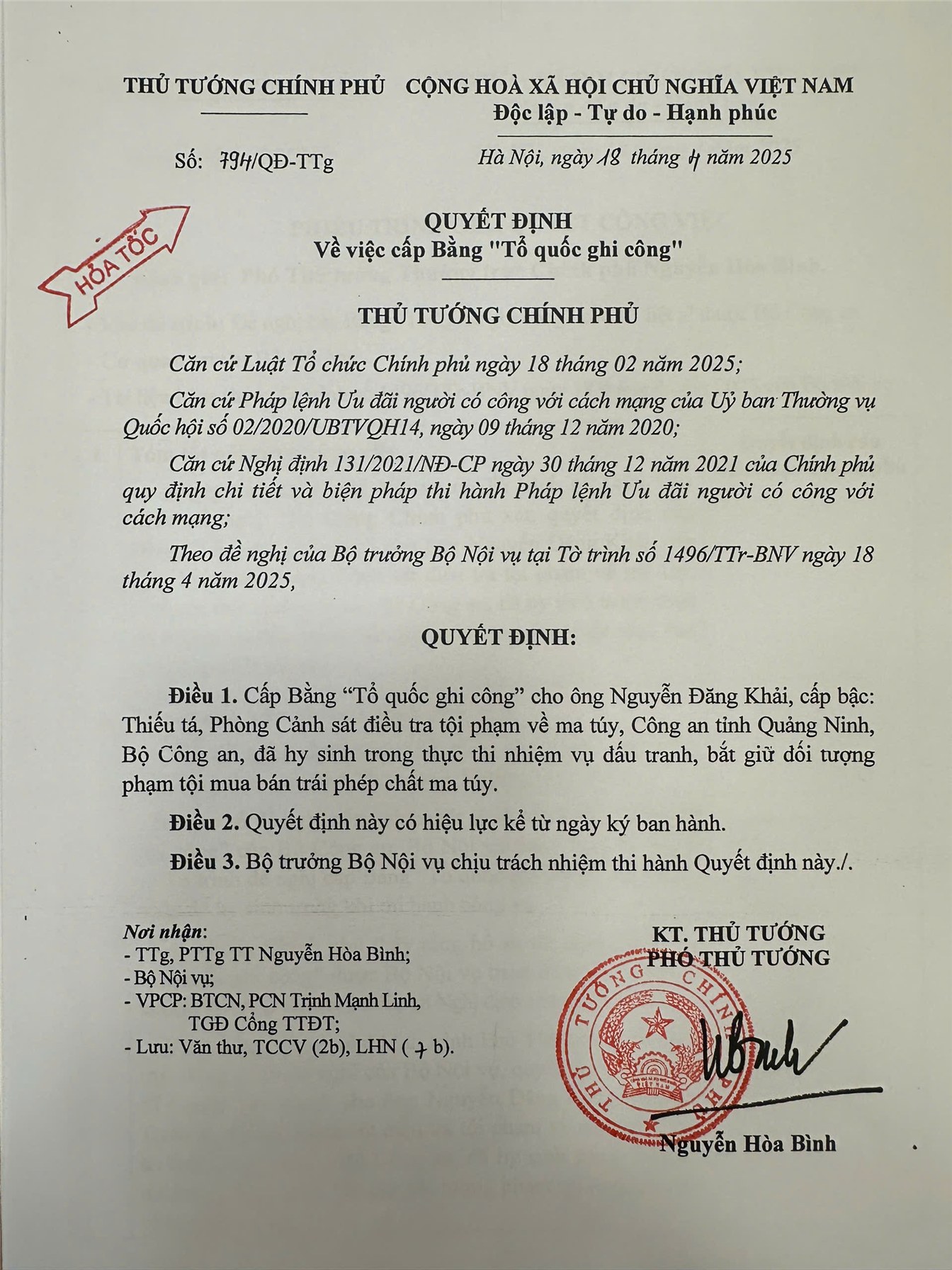 Quyết định về việc cấp Bằng "Tổ quốc ghi công" cho đồng chí Nguyễn Đăng Khải.