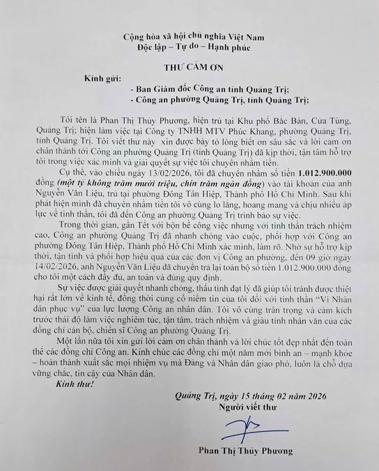 Ấm lòng lá thư cảm ơn Công an tỉnh Quảng Trị giúp dân tìm lại hơn 01 tỷ đồng chuyển nhầm sát Tết