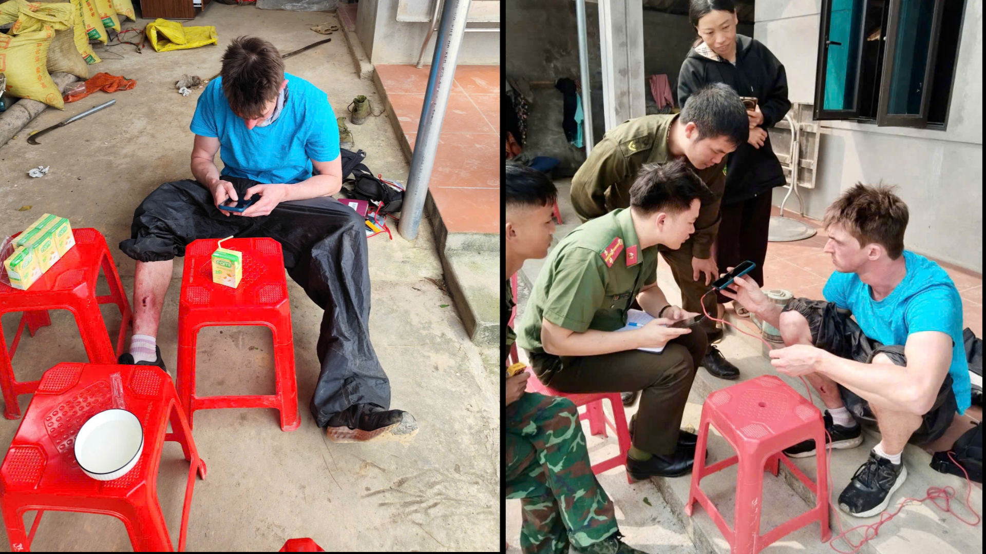 Công an xã hỗ trợ đồ ăn, nước uống, sử dụng ứng dụng dịch thuật trên điện thoại để hỏi thăm sức khỏe, kiểm tra giấy tờ tùy thân và hướng dẫn du khách thực hiện các thủ tục cần thiết..jpg