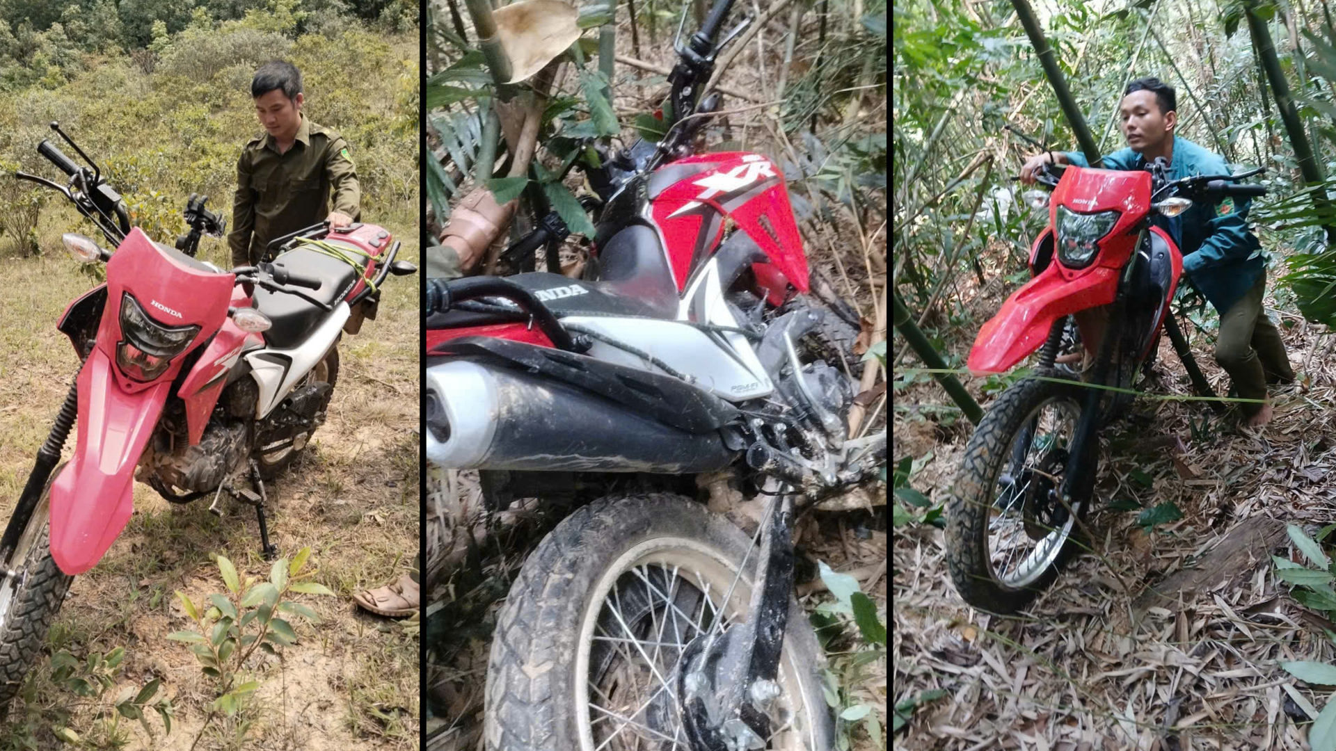 Hiện trường chiếc xe mô tô của du khách rơi xuống vực, mắc kẹt trong khu vực rừng tre nứa..jpg