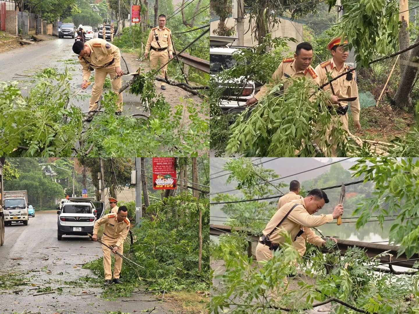 Lực lượng CSGT chỉ dẫn phân luồng và xử lý cây cối bị đổ trên đường.jpg