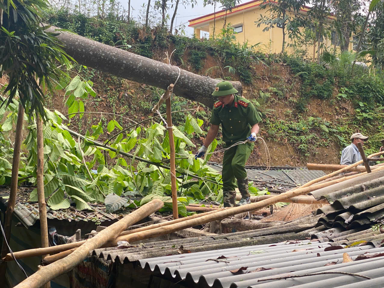 Công an xã hỗ trợ gia đình ông Ngô Văn Hòa di dời cây đổ vào mái để lợp lại mái nhà.jpg