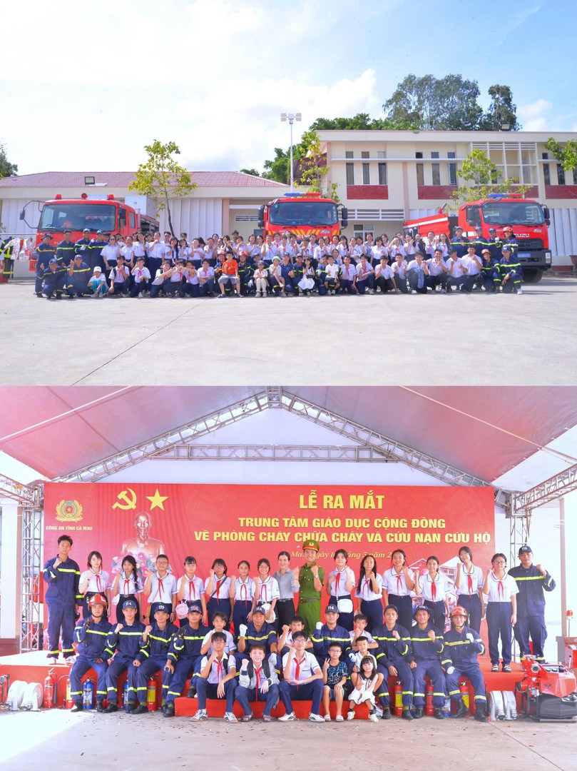 Cán bộ chiến sĩ Phòng Cảnh báo Chữa cháy và CNCH đã chụp ảnh lưu niệm cùng thầy cô và học sinh sau buổi trải nghiệm đầy ý nghĩa tại Trung tâm.jpg
