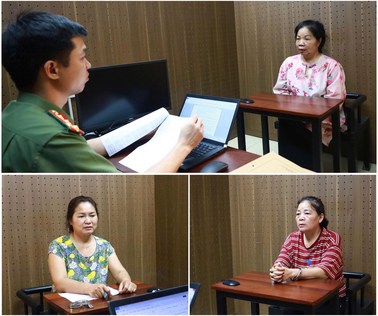Ảnh 1. Các đối tượng Phạm Tuyết Lê (trên), Vũ Thị Chuyền (trái) và Kiều Thị Thúy Hường (phải) tại Cơ quan Công an.jpg