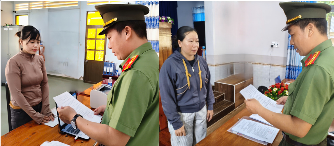 Cơ quan An ninh điều tra Công an tỉnh Cà Mau tống đạt quyết định khởi tố bị can Nguyễn Thị Ái My (áo khoác nâu) và Trương Thị Kim Tiên.png