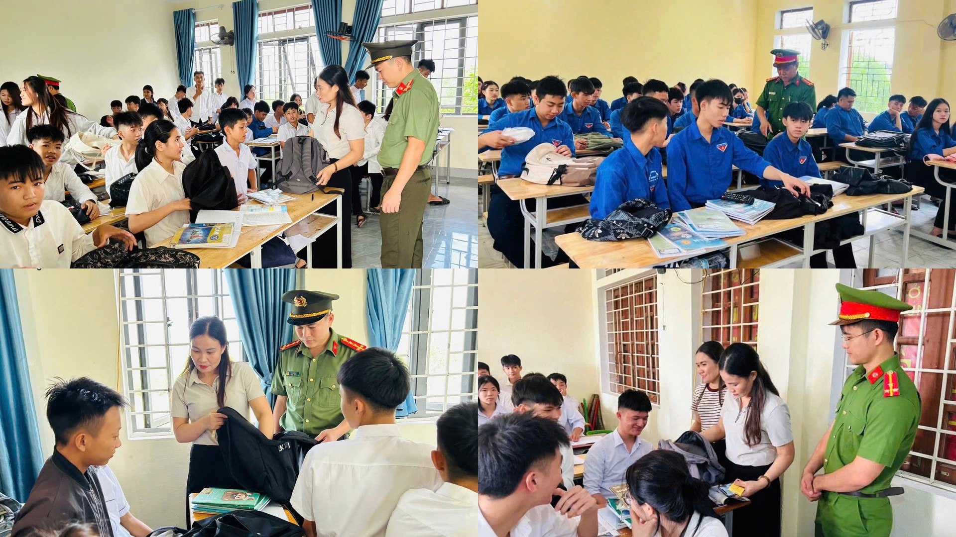 Ảnh 3 – Công an Hà Tĩnh phối hợp các trường học kiểm tra vật học sinh mang theo khi đến cánh trường tấn công bạo lực học đường.jpg