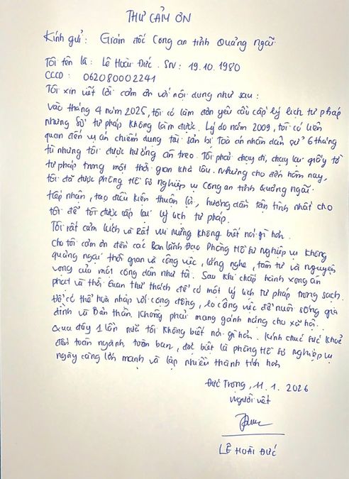 Quảng Ngãi: Công dân gửi thư cảm ơn ghi nhận tinh thần trách nhiệm, thái độ phục vụ tận tình của cán bộ, chiến sĩ Phòng Hồ sơ nghiệp vụ