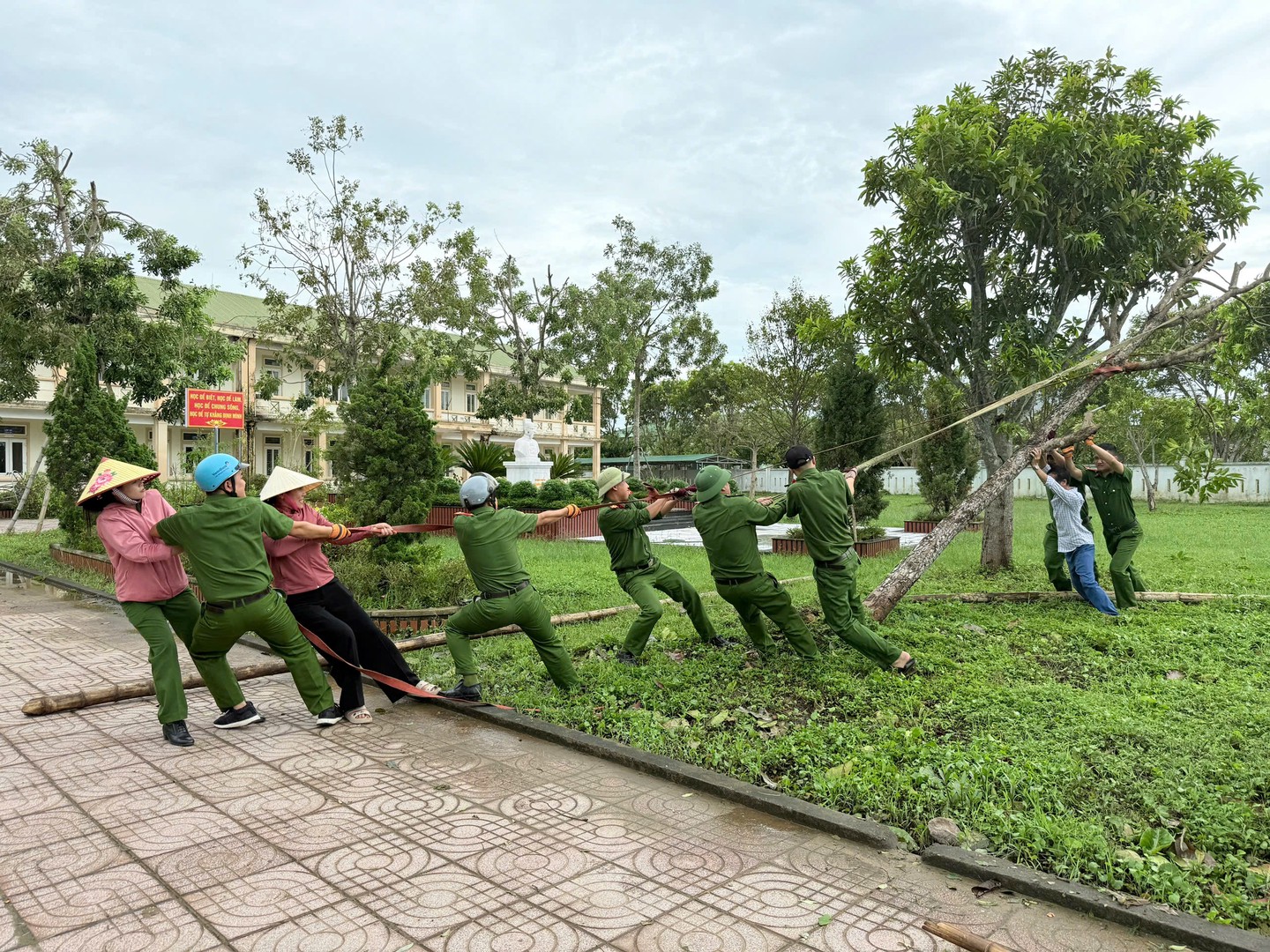 Công an xã Toàn Lưu cùng người dân dồn lực kéo, trồng lại cây bị đổ.jpg