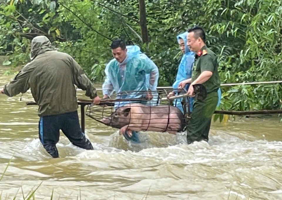 Lực lượng Công an cơ sở phối hợp cùng các lực lượng chức năng hỗ trợ người dân di dời tài sản tại khu vực ngập úng đến nơi an toàn.jpg